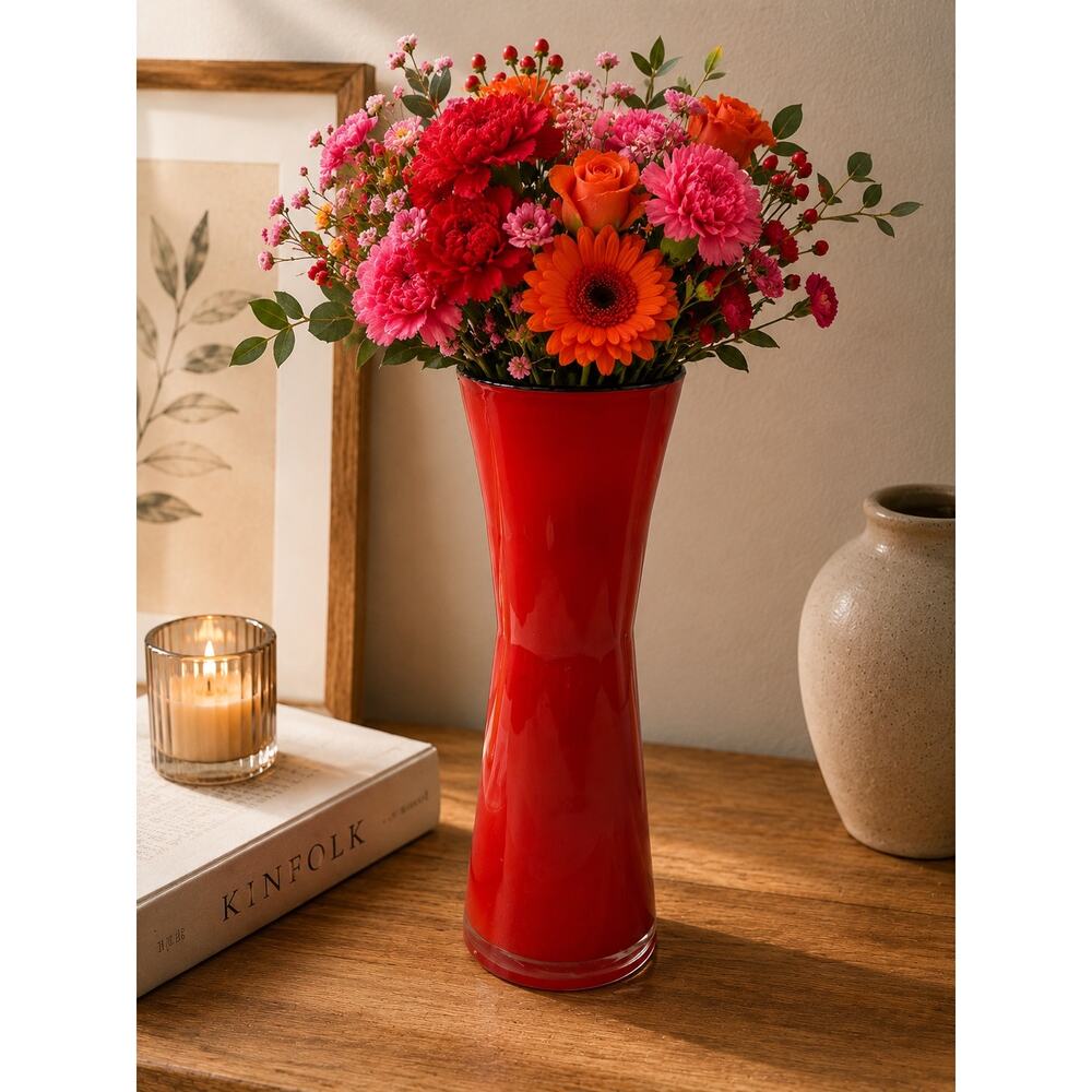 Hand Blown Red Art Glass Vase Hourglass Shape Black Rim Contemporary Decor